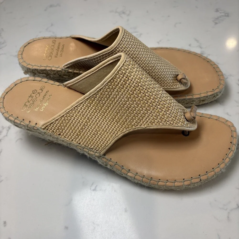 Andre Assous Sandals 41 US 10‎  Raffia Leather Thong Espadrille Wedge Spain